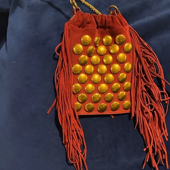 Burgundy Fringe Bag with Gold Accents by Jerome Dreyfuss - Picture 1 of 5